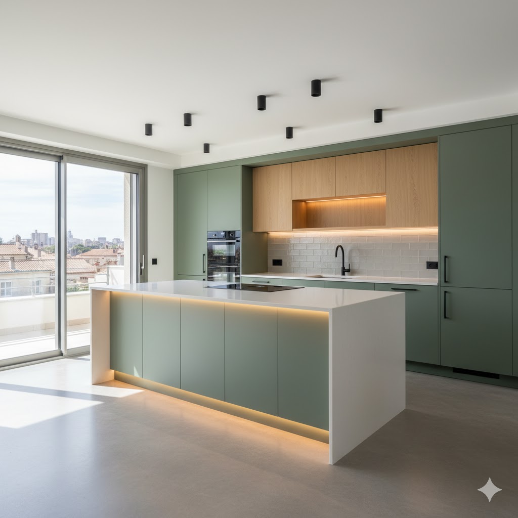 Cuisine moderne sans poignées à Montpellier — vert sauge et chêne clair