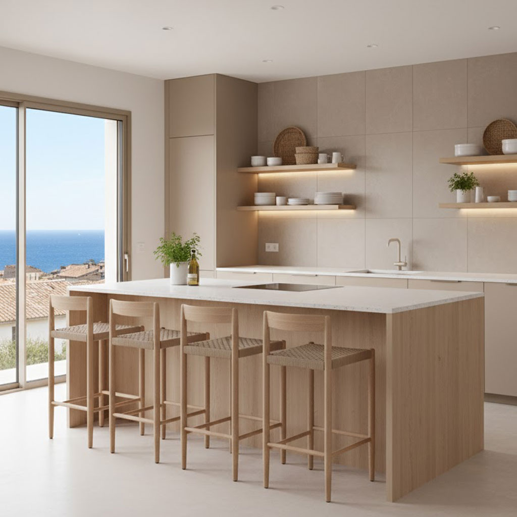 Cuisine contemporaine à Sète — bois clair et beige mat